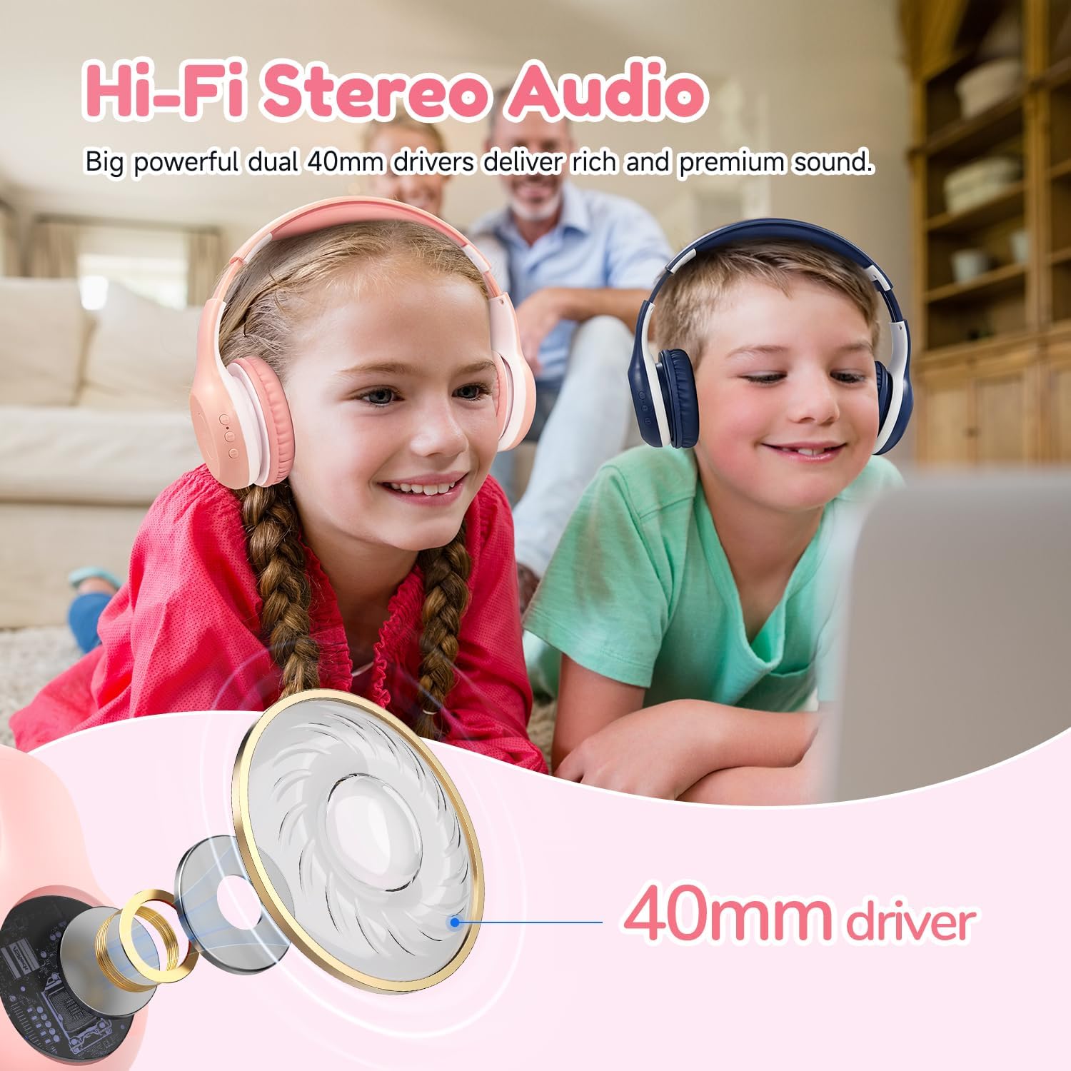Headphones Wireless, Bluetooth 5.4 Headphone for Child with Mic, 85/94dB Volume Limited Foldable Over Ear, Hi-Fi Stereo Sound, 40H Playtime, Tablet, Phone, PC, School/Travel, Gift, 2 Pack