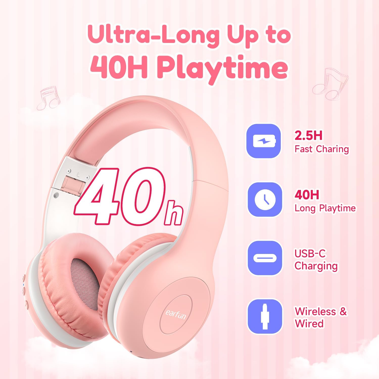 Headphones Wireless, Bluetooth 5.4 Headphone for Child with Mic, 85/94dB Volume Limited Foldable Over Ear, Hi-Fi Stereo Sound, 40H Playtime, Tablet, Phone, PC, School/Travel, Gift, 2 Pack