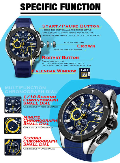 MEGIR Men Sport Military Watch Luxury Luminous Chronograph Quartz Watches Clock Calendar Waterproof Wristwatch Relogio Masculino