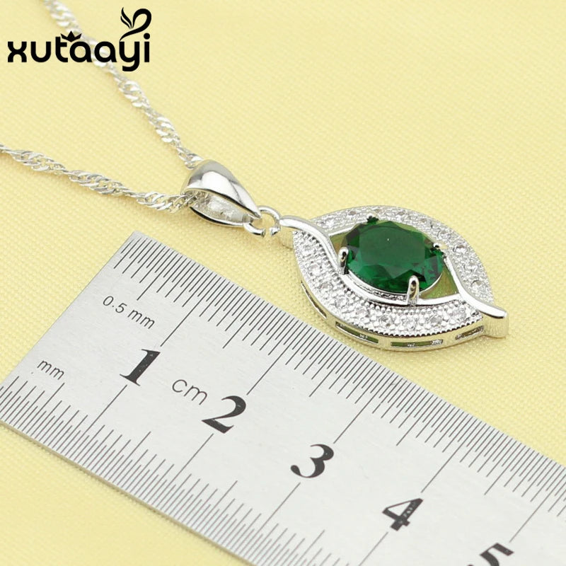 New Green Created Emerald Fashion Silver color Color Jewelry Sets Graceful Necklace Rings Earrings Bracelet For Women Free Gift