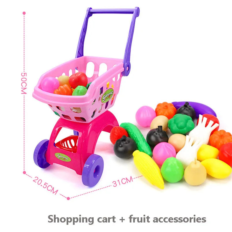 25Pcs/Set Kids Supermarket Shopping Groceries Cart Trolley Toys For Girls Kitchen Play House Simulation Fruits Pretend Baby Toy