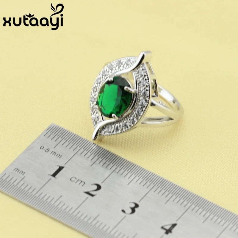 New Green Created Emerald Fashion Silver color Color Jewelry Sets Graceful Necklace Rings Earrings Bracelet For Women Free Gift
