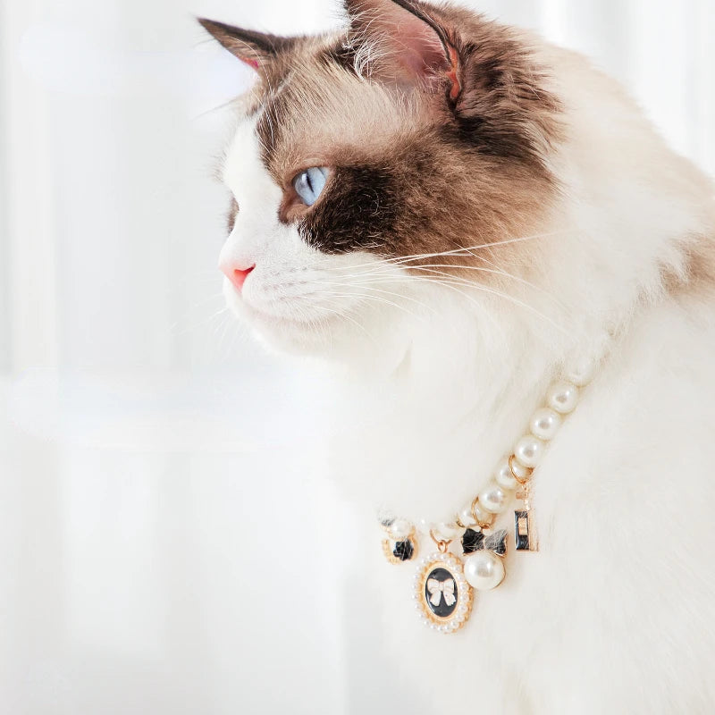 Exquisite Pet Cat Pearl Collar with Pendant Small Cat Dog Necklace Rhinestone Collar Puppy Kitten Collar Pet Supplies