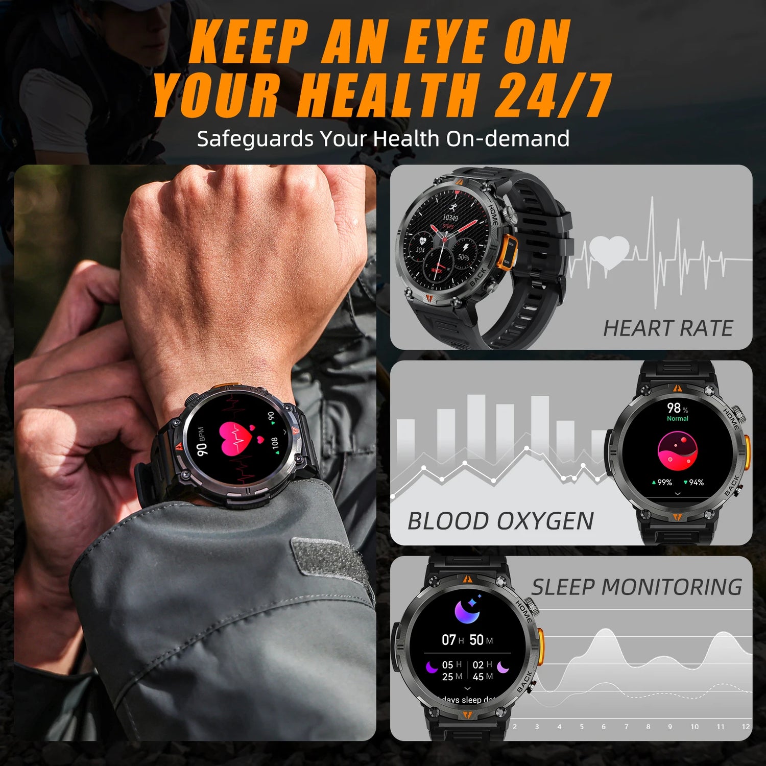 EIGIIS Smart Watch 3ATM Waterproof 2023 Original Design For Men Bluetooth Call Health Monitor With Flashlight 100+ Sports Modes