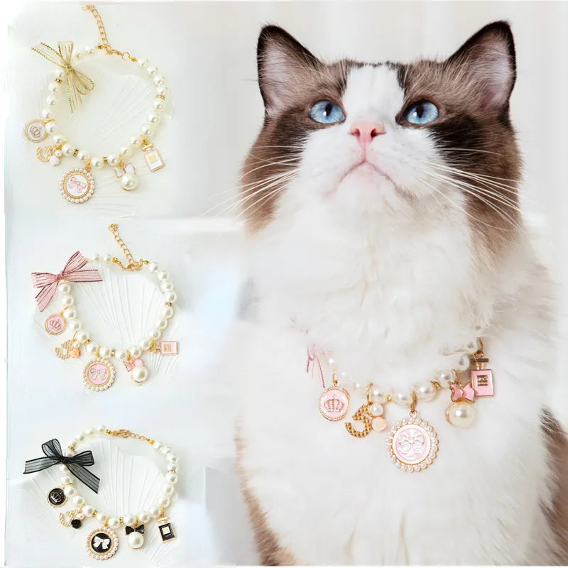 Exquisite Pet Cat Pearl Collar with Pendant Small Cat Dog Necklace Rhinestone Collar Puppy Kitten Collar Pet Supplies